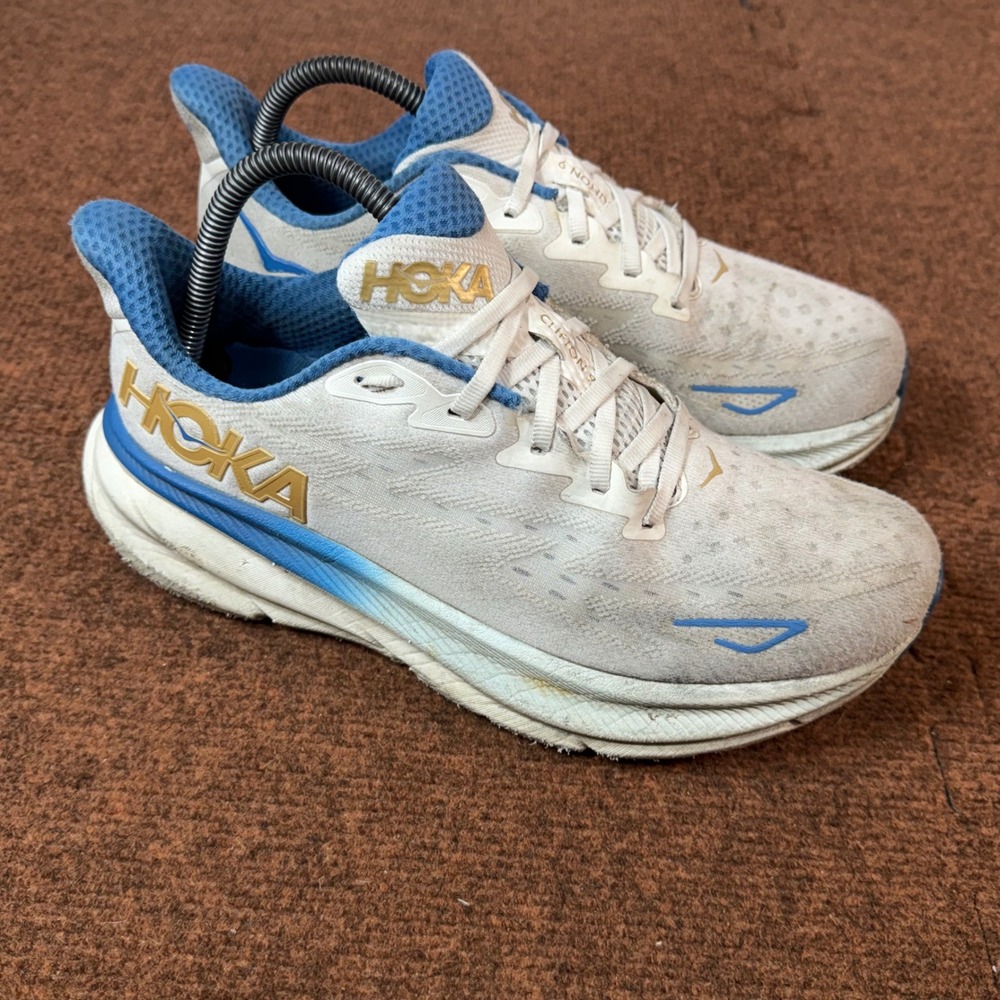 A- gym Hoka Clifton 9 Mens Running Shoes White Blue Gold 8D 1127895 FTG Sneaker